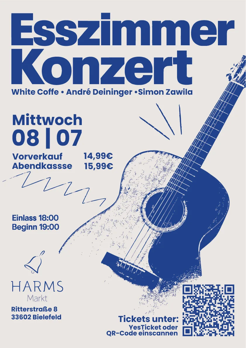 Plakat Esszimmer Konzert, Mittwoch 08. Juli, mit QR-Code für Tickets