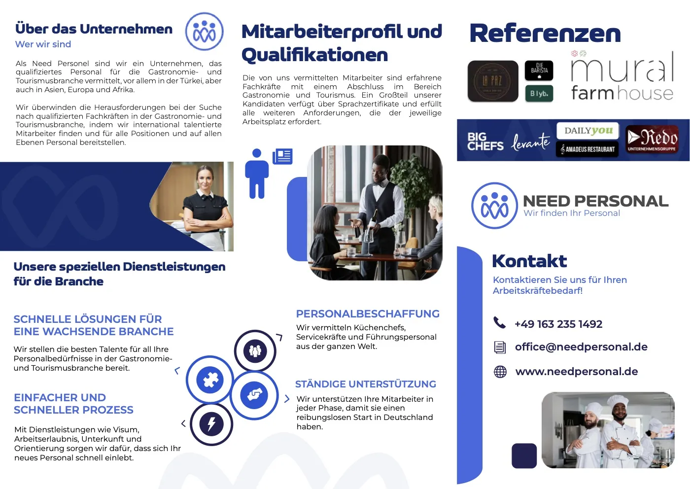 Broschüre, Seite mit Leistungen und Kontakt