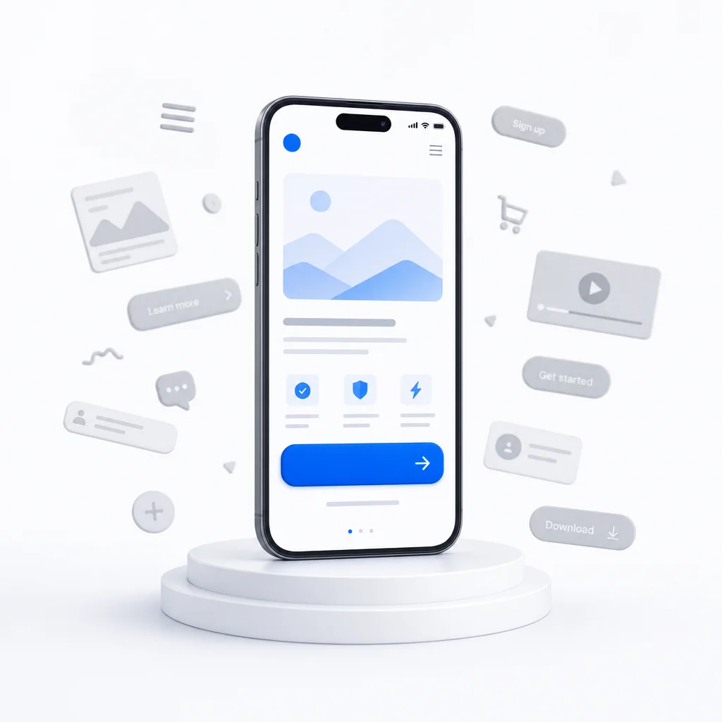 Smartphone mit einer Landingpage und einem hervorgehobenen blauen Call-to-Action-Button