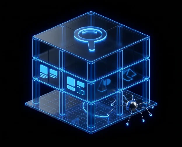 Leuchtende Gebäude-Wireframe symbolisiert die technische Grundlage und Struktur einer Website