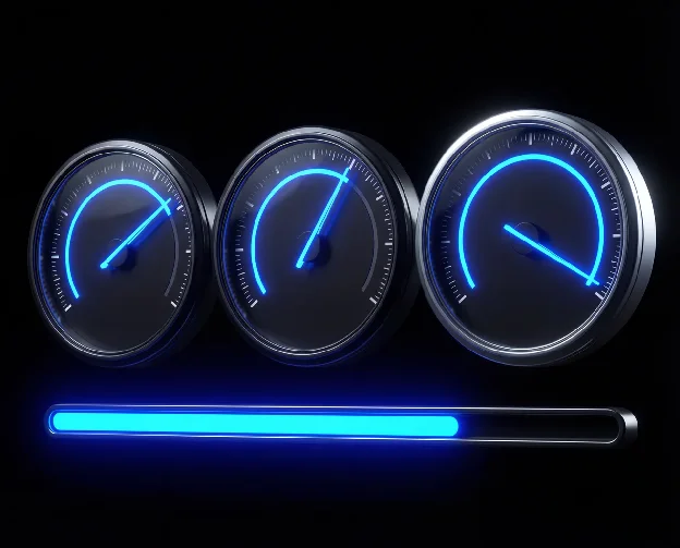 Drei Tachometer repräsentieren die Core Web Vitals LCP, INP und CLS als Google-Rankingfaktoren