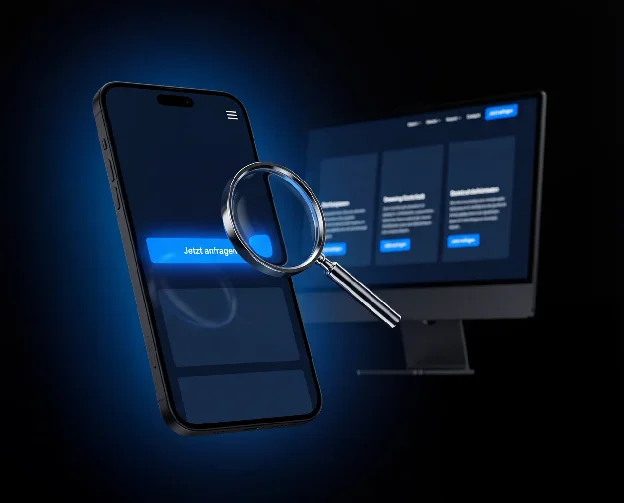 Smartphone und Desktop-Monitor mit Lupe symbolisieren Mobile-First-Indexierung und die Optimierung für alle Endgeräte
